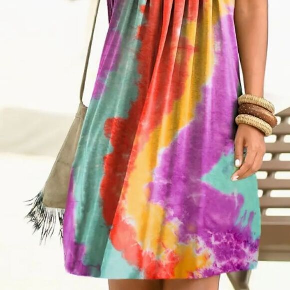NEW! Bright Boho Tie Dyed Tank Style Pleated Summer Dress - Picture 7 of 7